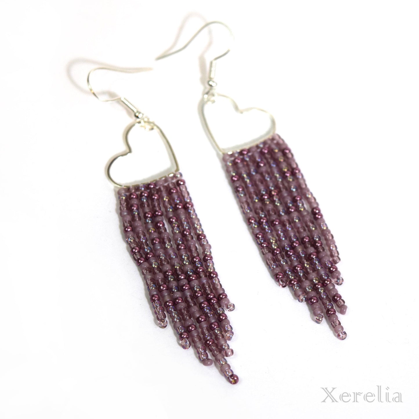 Dusty Mauve Heart Hoop Fringe Earrings