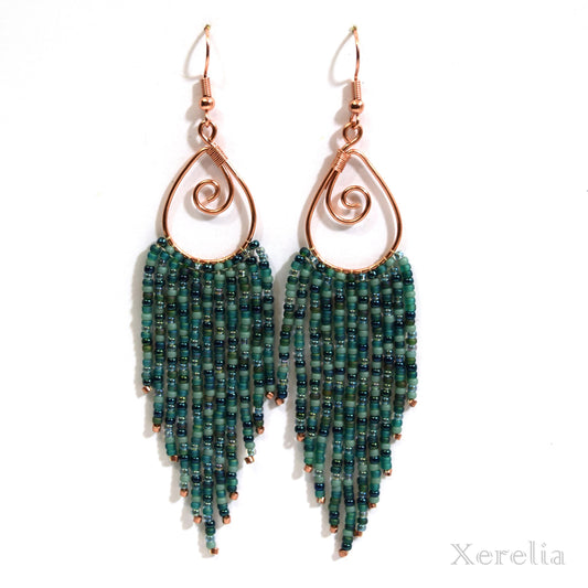 Teal Teardrop Fringe Hoop Earrings