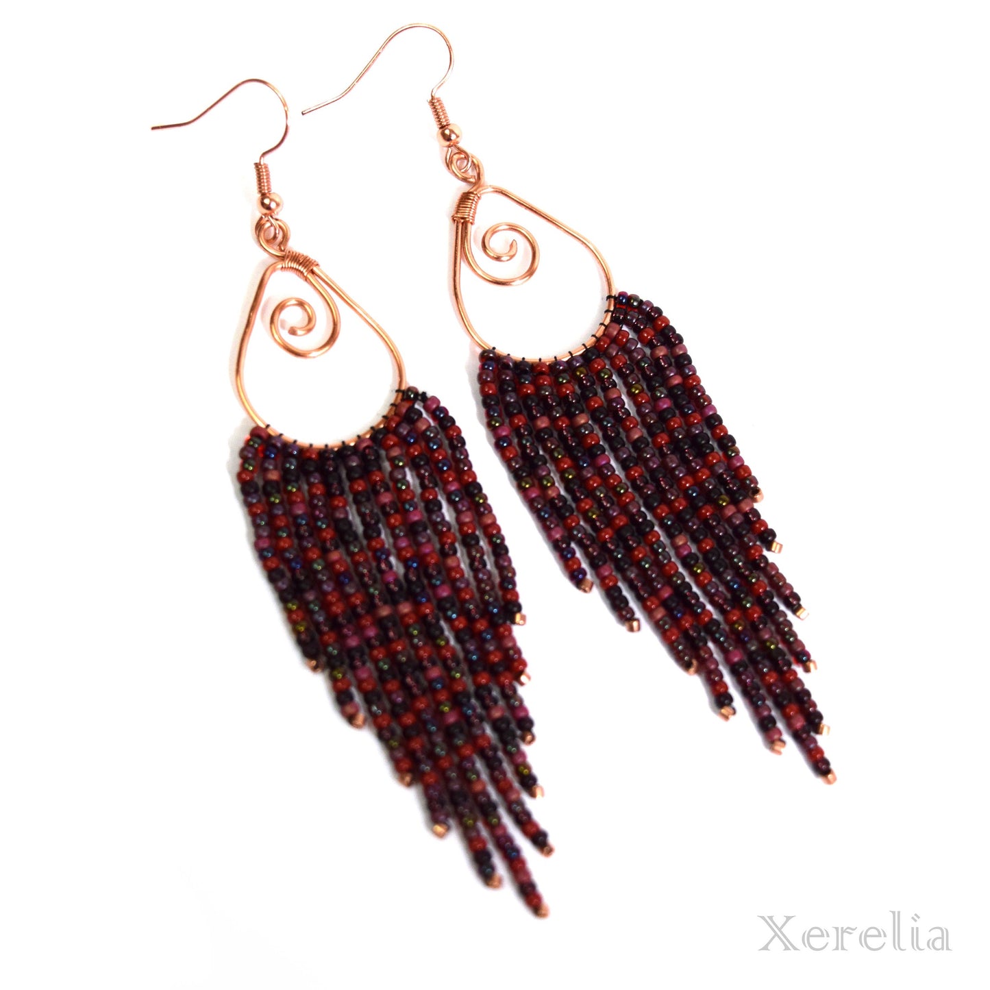 Wine Color Teardrop Fringe Hoop Earrings