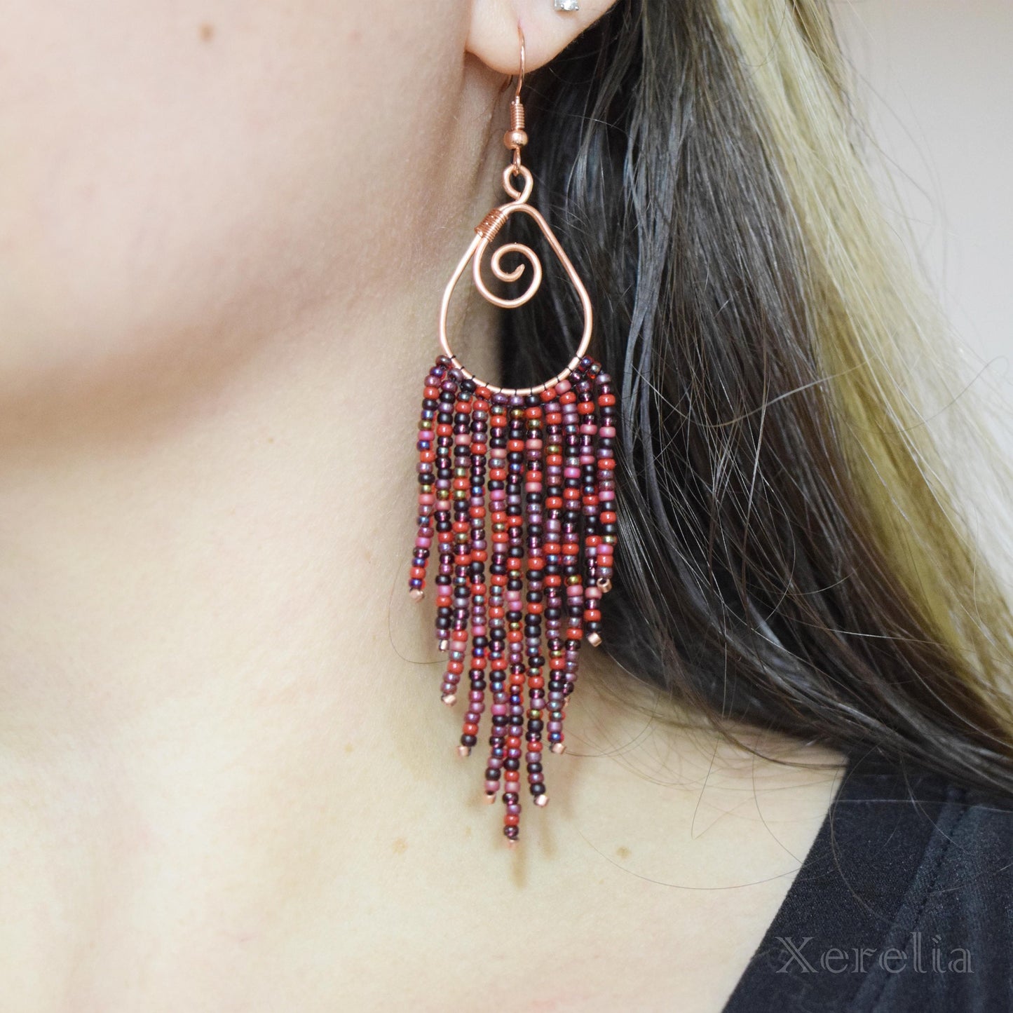 Wine Color Teardrop Fringe Hoop Earrings