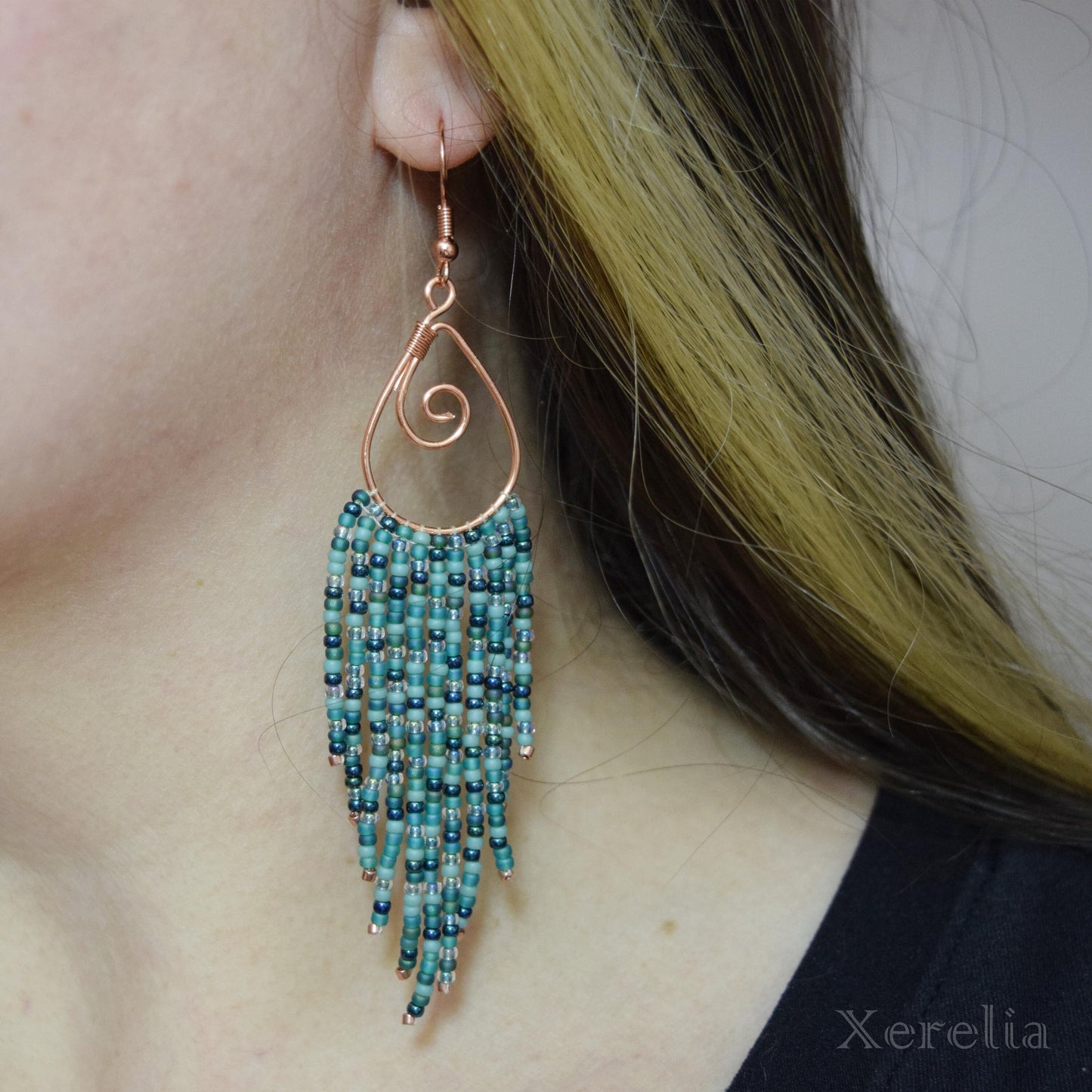 Teal Teardrop Fringe Hoop Earrings