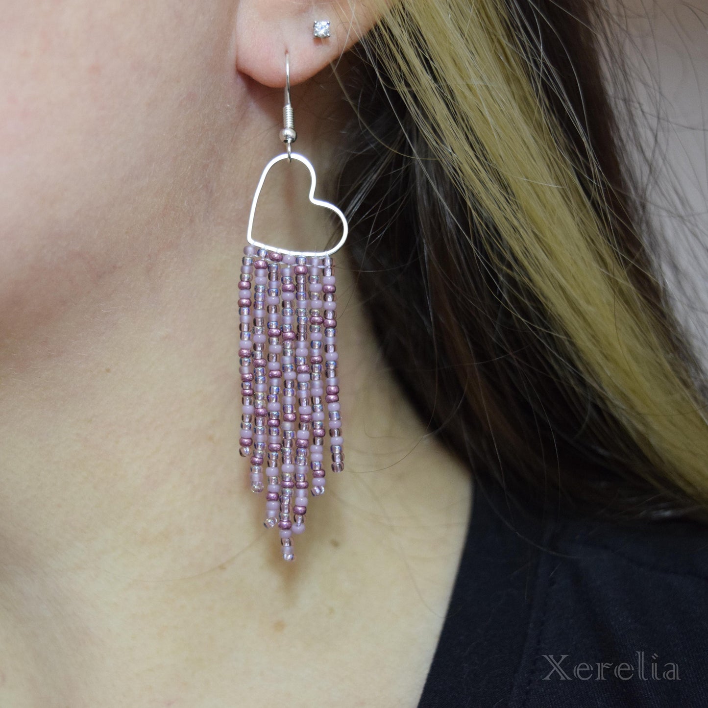 Dusty Mauve Heart Hoop Fringe Earrings