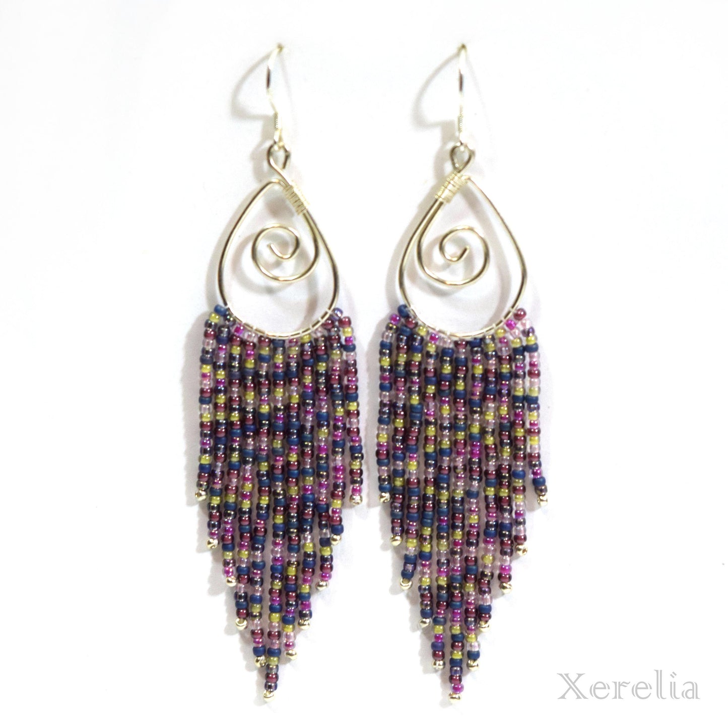 Purple and Silver Teardrop Hoop Fringe Earrings