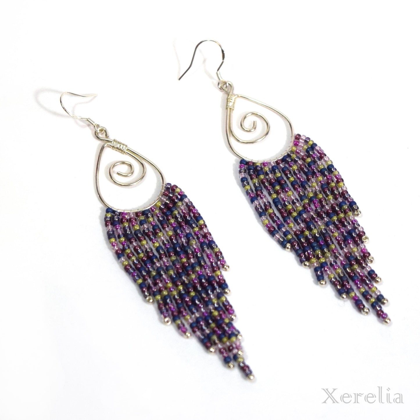 Purple and Silver Teardrop Hoop Fringe Earrings