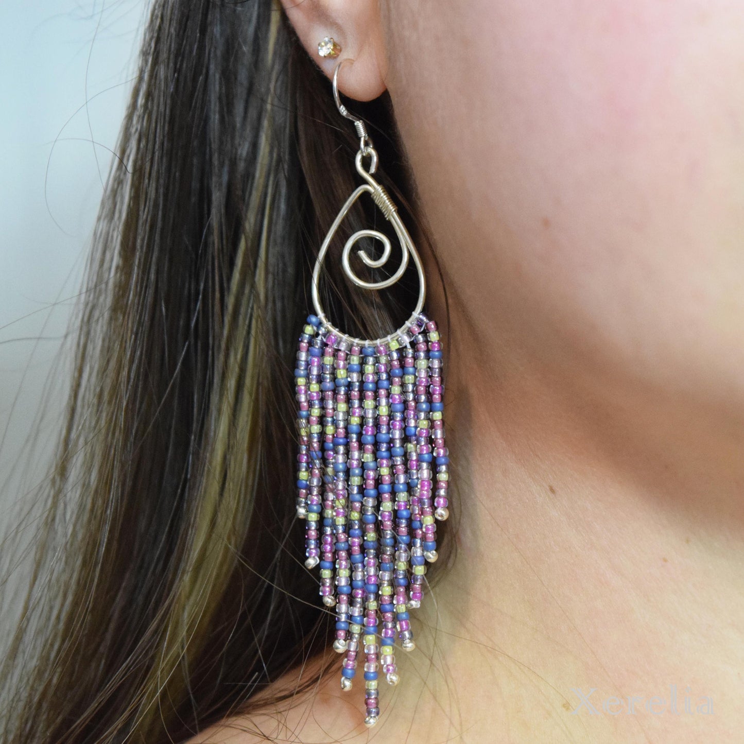 Purple and Silver Teardrop Hoop Fringe Earrings